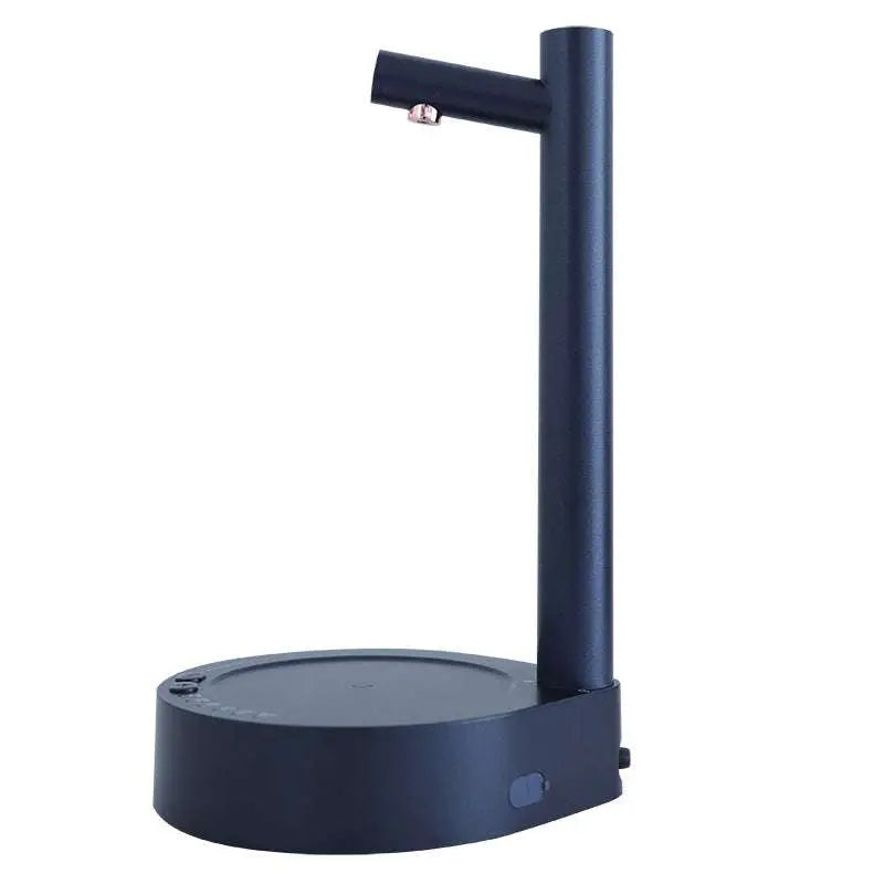 Black matte-finish wireless charging stand with adjustable arm for phone placement alongside dark blue smart desk dispenser electric water
