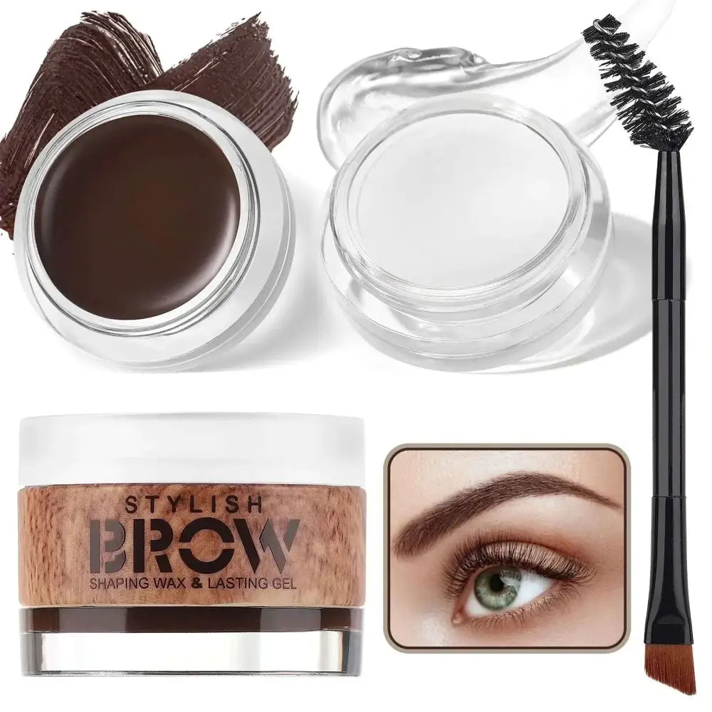Brown eyebrow gelshaping wax in a clear jar with wooden label and angled duo brush for precise brow shaping