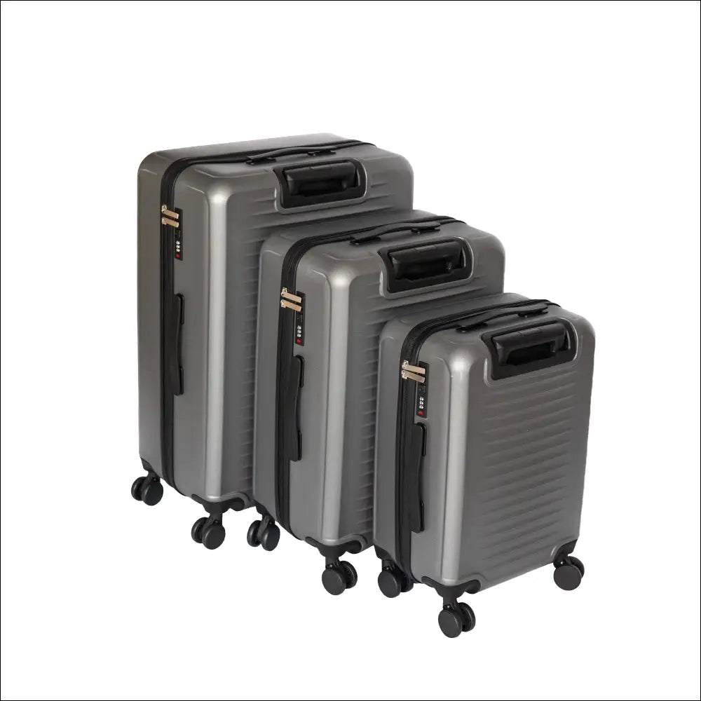 Set of three sleek dark gray hard shell suitcases with black trim and gold tone combination locks