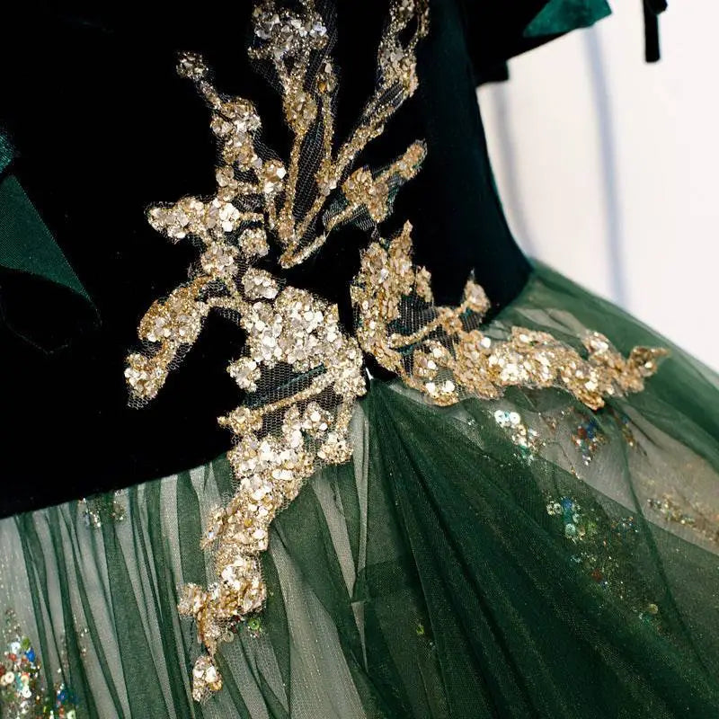 Dark green velvet bodice with intricate gold and silver sequin embroidery layered over sheer tulle in a long banquet gown