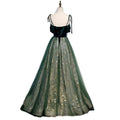 Emerald green velvet long banquet gown with gold floral embroidery on sheer tulle skirt and black tie straps sling temperament