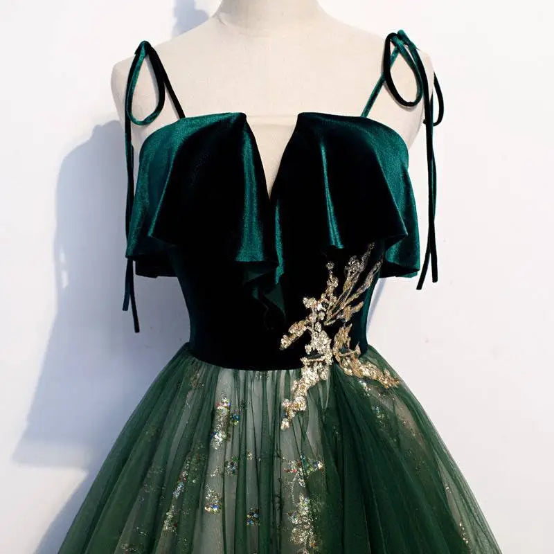 Emerald green velvet long banquet gown with off-shoulder sling temperament and gold beaded floral embellishment
