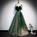 Emerald green velvet and tulle long banquet gown with gold floral embroidery featuring banquet sling temperament style