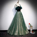 Emerald green velvet off-shoulder long banquet gown with gold floral embroidery and flowing tulle skirt sling temperament