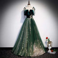 Emerald green velvet and tulle long banquet gown with gold floral embroidery featuring banquet sling temperament design