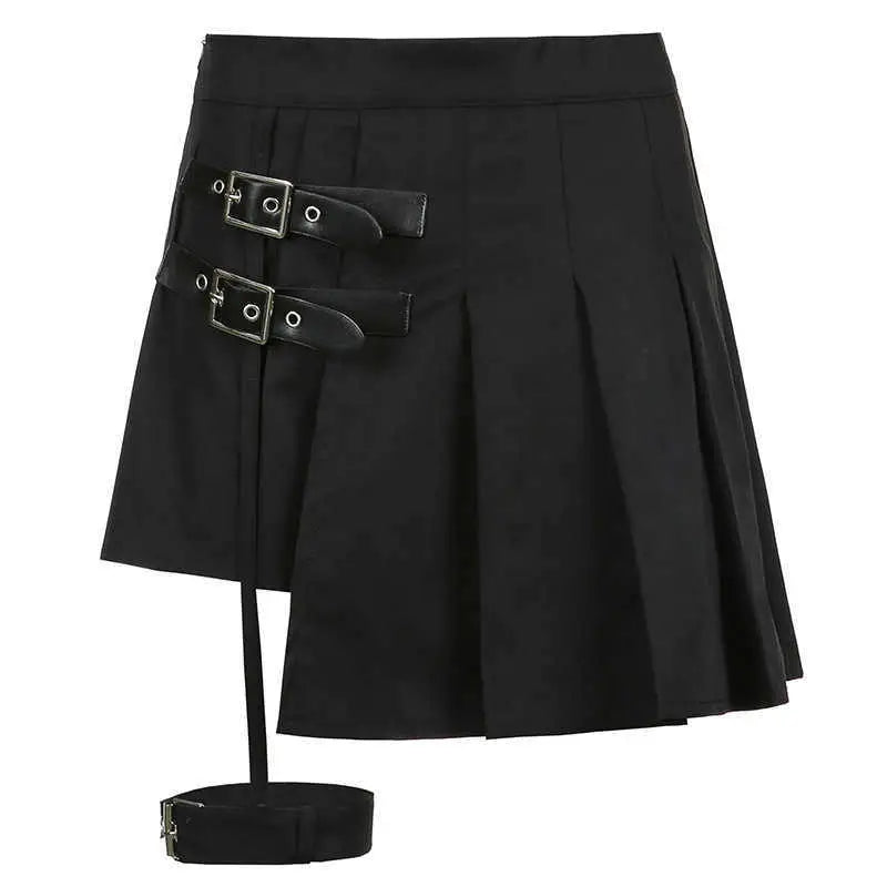 Black asymmetric pleated skirt with dark leg ring silver-toned buckle straps and matching ankle strap ring asymmetric design