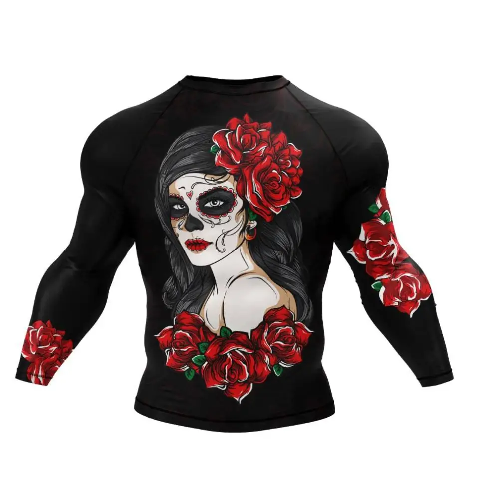 Black long-sleeved dark mystic rash guard compression shirt featuring a vibrant sugar skull woman with red roses design