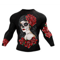 Black long-sleeved dark mystic rash guard compression shirt with vibrant day of the dead sugar skull and red roses design