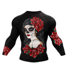 Black long-sleeved dark mystic rash guard compression shirt with vibrant day of the dead sugar skull and red roses design