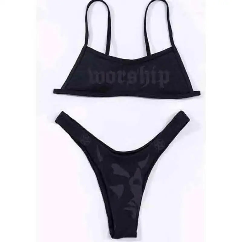 Black bikini set with worship print on top and face design on bottom featuring dark offset printing split style