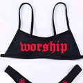 Black bikini set featuring offset printing split design with red worship embroidery and pentagram thong details