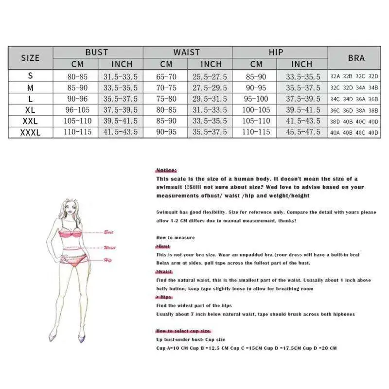 Size chart for dark offset printing split black bikini set swimsuit with measurements in cm and inches from s to xxxl