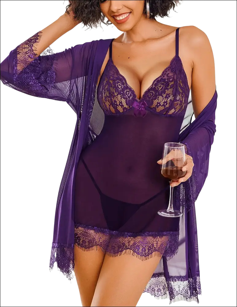 Dark purple lace teddy and kimono robe set with sheer mesh overlay, ideal for luxury women’s fashion and kimono robe styles