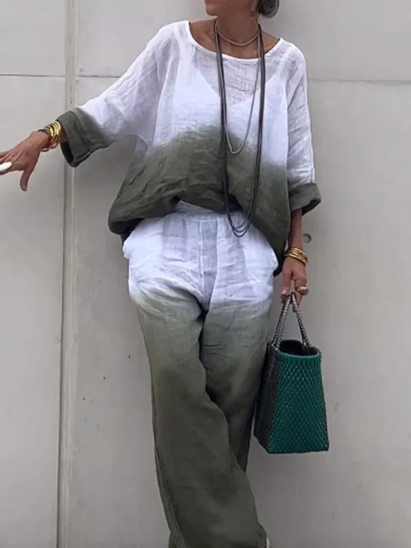 Women's cotton linen gradient two-piece set – Green