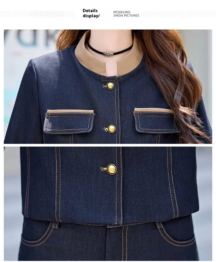 Dark blue denim casual denim jacket with beige collar and pocket trim featuring gold-tone buttons in the elegance retro casual denim jacket and pants set