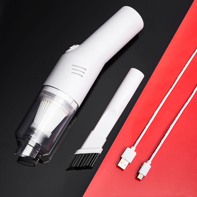 White portable wet dry car vacuum cleaner with transparent dust collection chamber and detachable brush attachment shown in a 2 pack set.