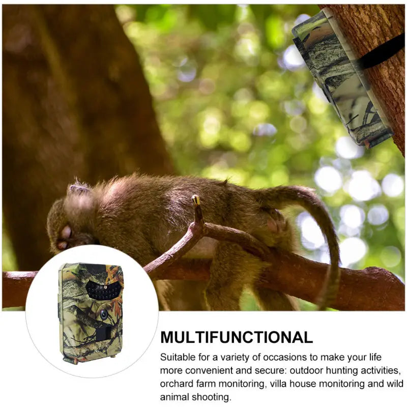 Waterproof camouflage-patterned 1080p trail camera with night vision features a black lens and trigger button for outdoor wildlife monitoring.