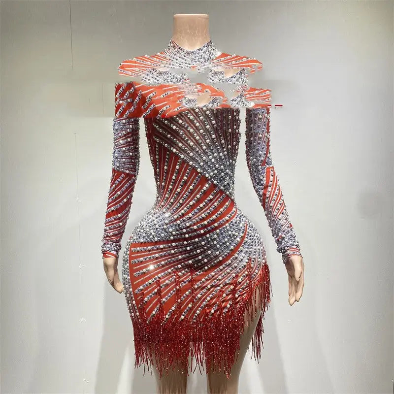 A dazzling red and silver sequined tassel dress birthday with long sleeves, a high neckline, and fringe detailing at the hem for a dress birthday party long occasion.
