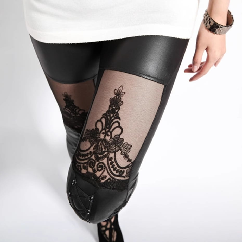 black faux leather base leather pants featuring jacquard lace stitching with sheer panels and intricate black lace detailing for a lace stitching casual look