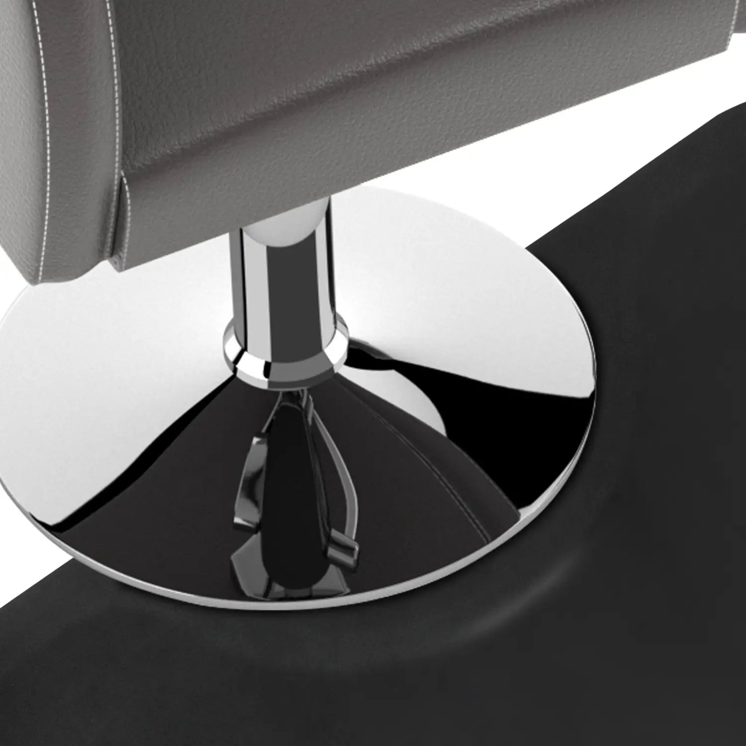 chrome-finished swivel base with sleek modern design supporting dark gray upholstered chair on outer circle black salon mat.