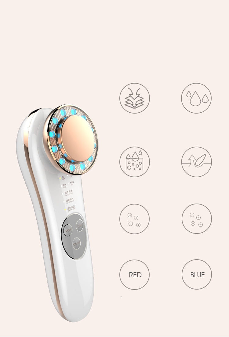 white and rose gold 7 in 1 led facial machine and skin care massager featuring a circular treatment head with blue led lights surrounding an orange center for enhanced facial treatment.