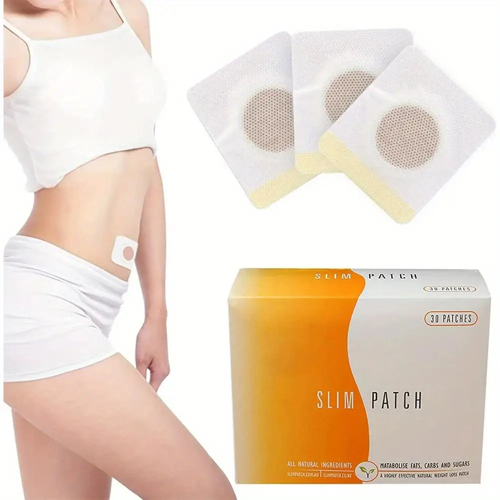 white square magnetic slimming navel belly button patch with circular mesh textured center and yellow adhesive backing shown from the back side
