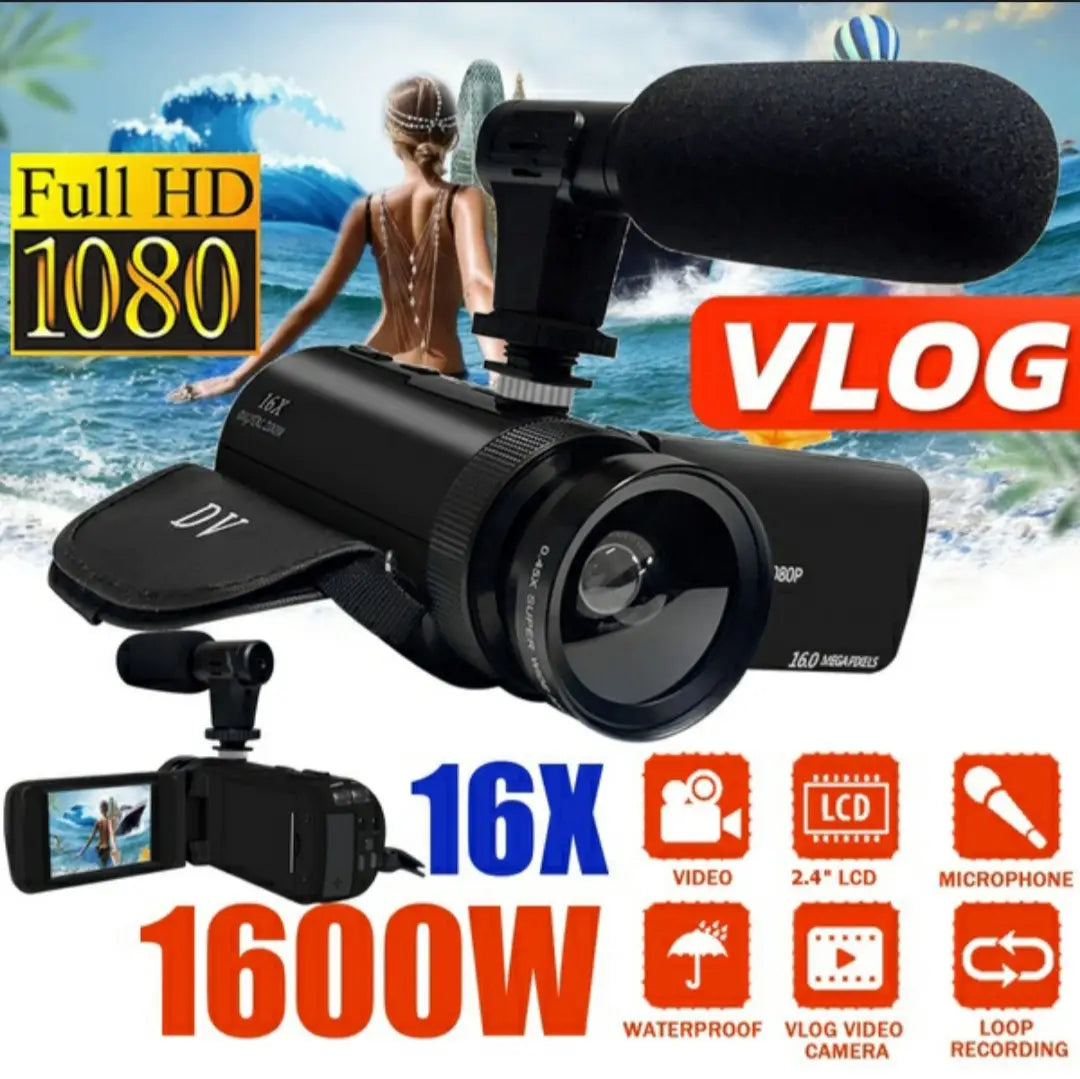 Black royale essence lux 16MP HD digital camera with wide-angle lens, flip-out LCD screen, and mounted external microphone designed for vlogging.