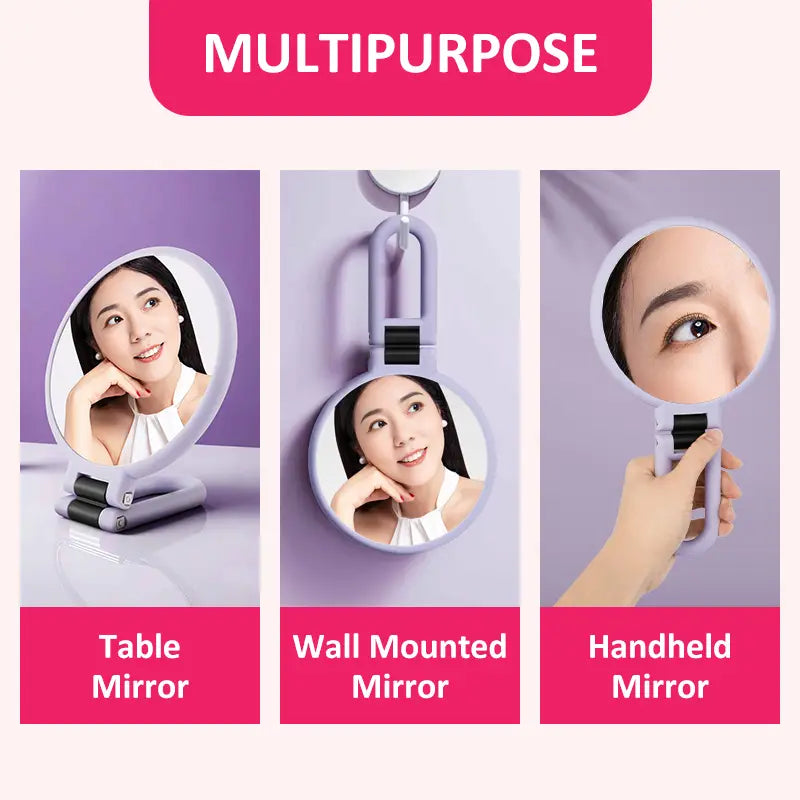 A sleek lavender foldable handle mirror purple with 10x magnification and modern design offering multiple usage options.