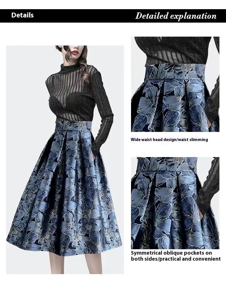 a flared blue floral-patterned high waist slimming jacquard midi skirt with a wide waistband and symmetrical oblique pockets