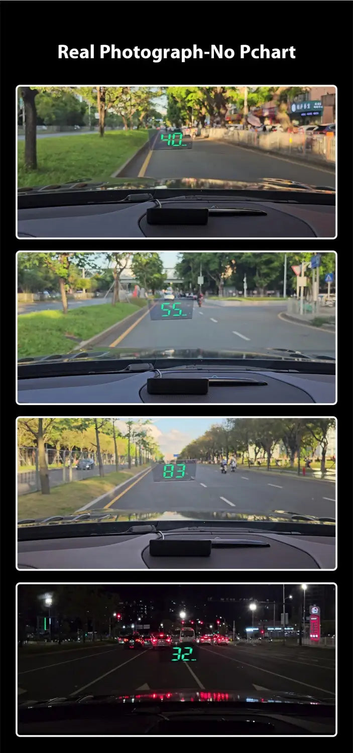 black rectangular universal head-up display car gps velometer mounted on a car dashboard projecting green digital speed readings onto the windshield