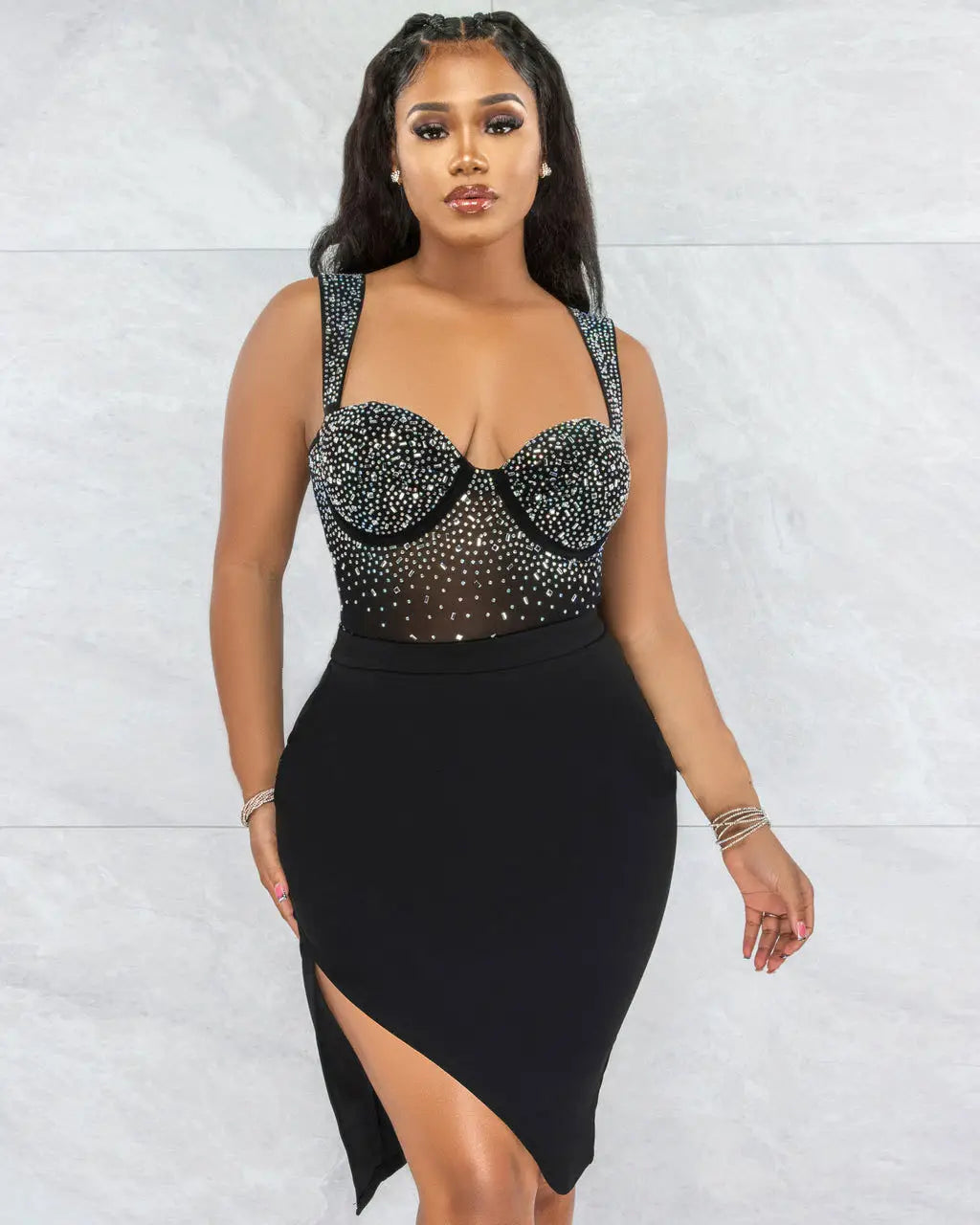 black sequined bodice dress with a high slit and sheer mesh detailing from a rhinestone sling backless two-piece set available in two colors