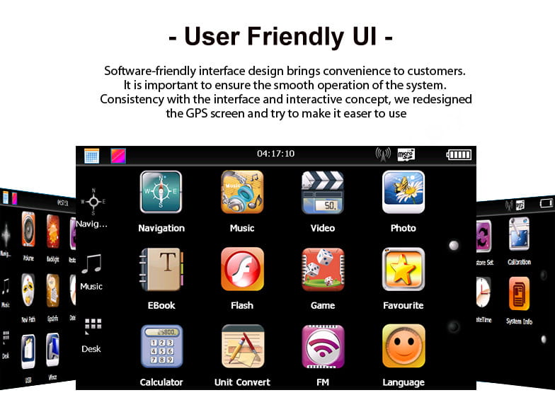 black touchscreen display of a portable 7-inch on-board gps navigator for car wagon showing a grid of colorful app icons on a user-friendly interface