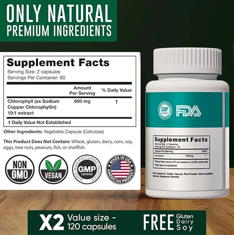 White plastic bottle with teal label and white cap of certified GMP FDA chlorophyll capsules displaying certification seals, ideal for health-conscious consumers interested in chlorophyll capsules.