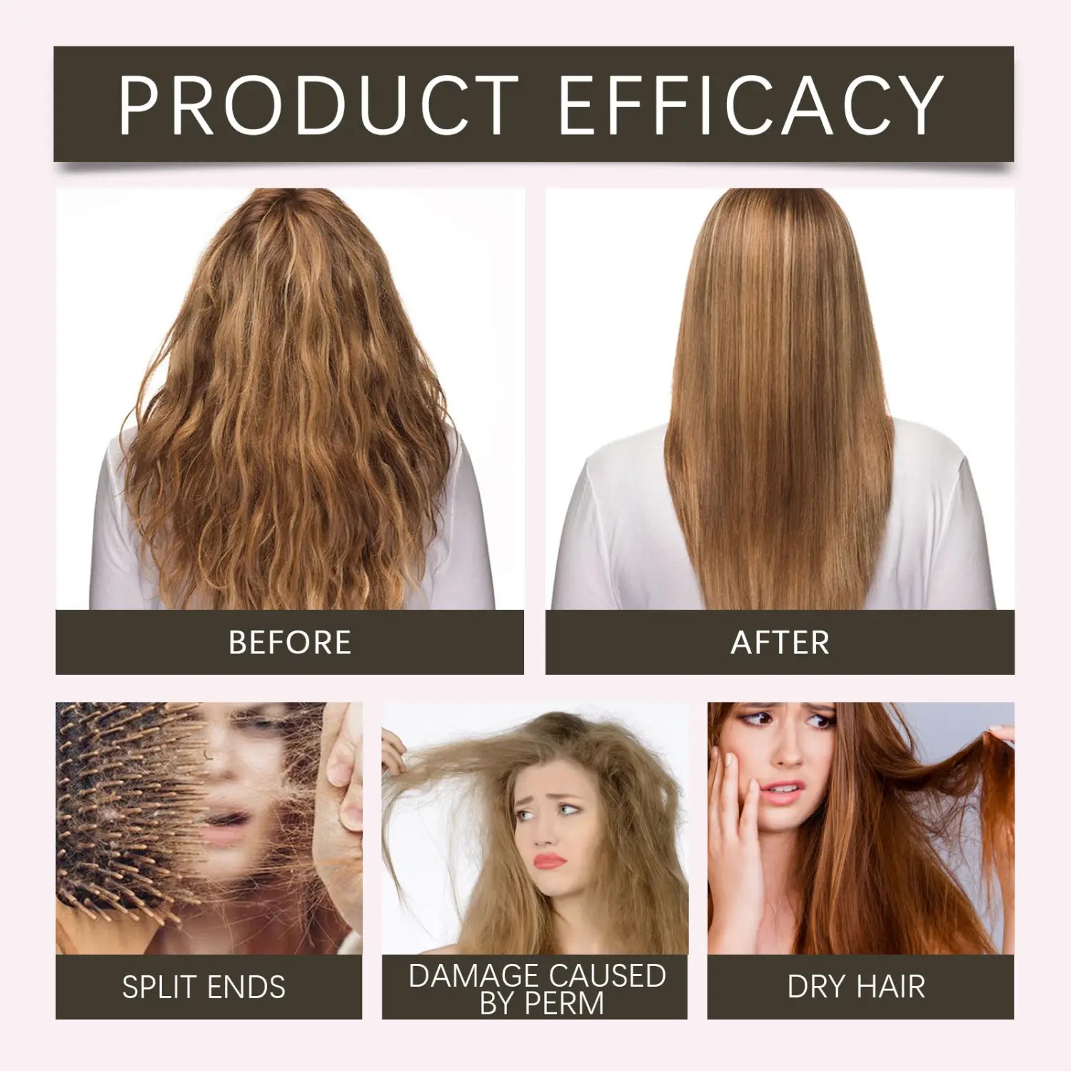 a woman with long straightened brown hair after using nourishing disposable hair care leave-in spray for disposable hair care.