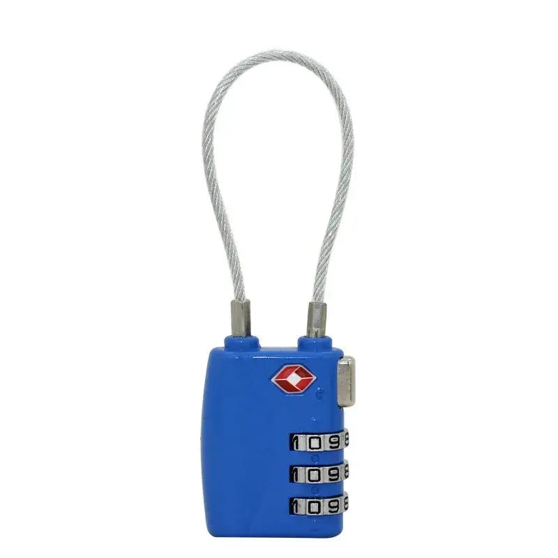Blue plastic TSA approved suitcase travel cable lock with silver cable and red diamond logo for secure suitcase travel.