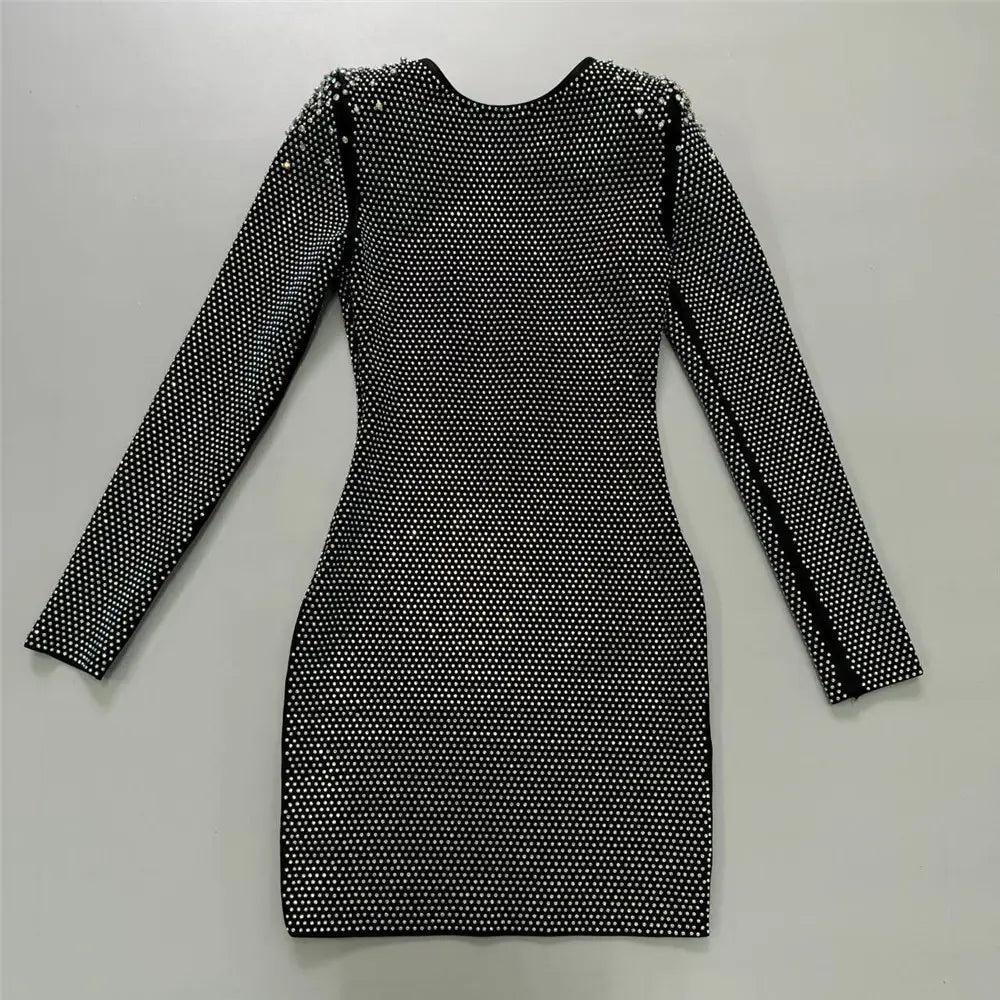 black long-sleeved sexy rhinestone bandage mini dress featuring a dense pattern of sparkling silver rhinestones ideal for dress cross border and cross border foreign purchases