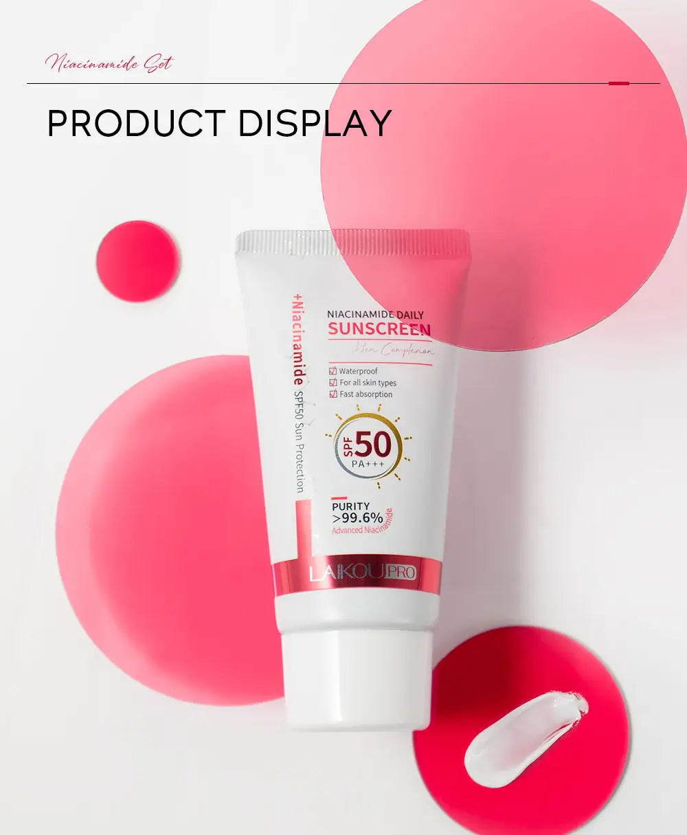 a white and pink tube of laikou pro nicotinamide day 50g moisturizing isolation daily sunscreen with spf 50 pa+++ protection