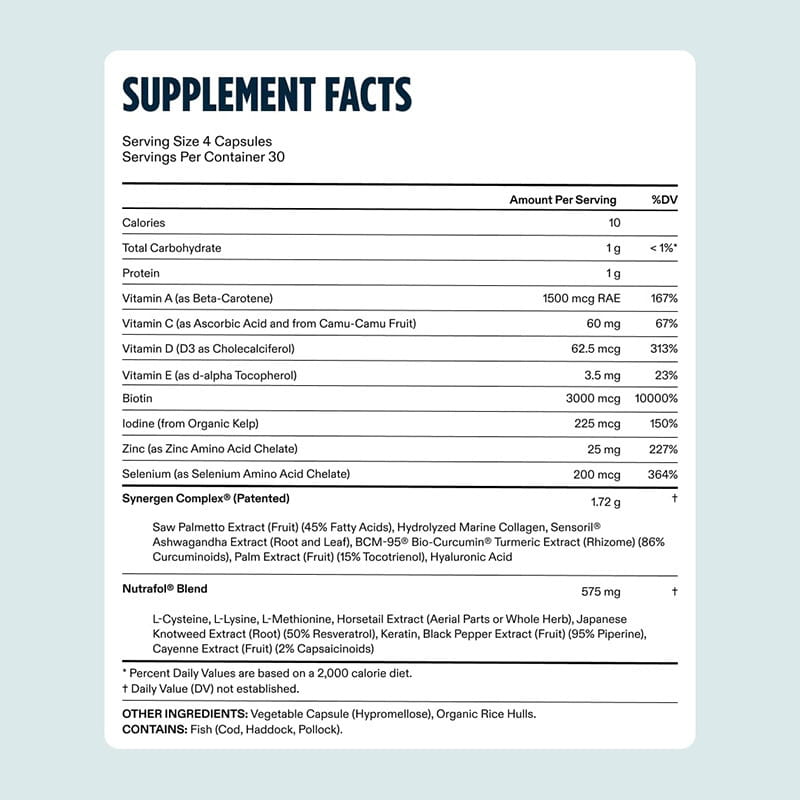 White supplement facts label on the back side of a sealed hair care piece bottle containing 120 men hair care capsules with a multivitamin and herbal blend.