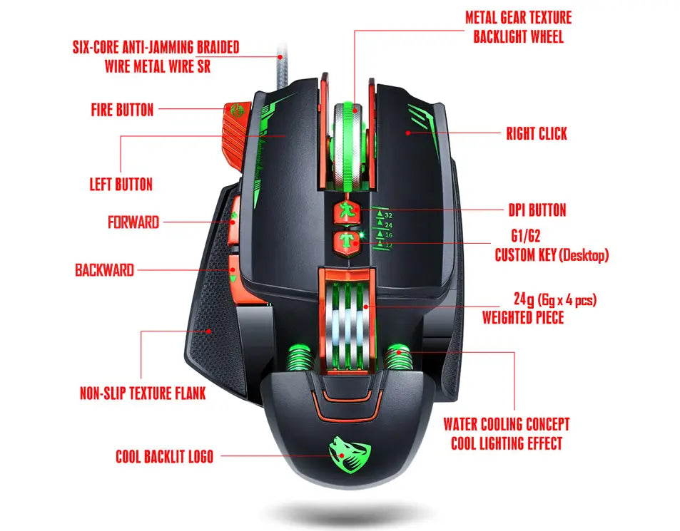 The thunder wolf v9 gaming mouse is a black gaming mouse with green backlighting orange accents a metal gear texture wheel and customizable buttons designed for enhanced performance.