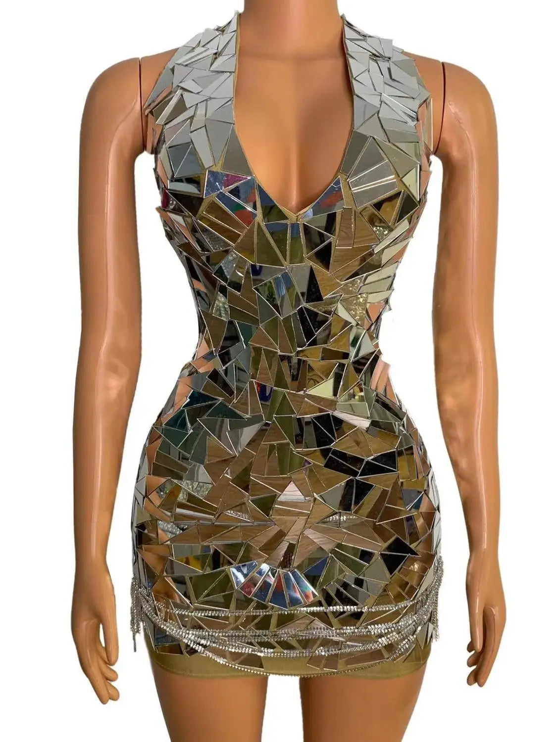 A shimmering form-fitting mini dress made of fragmented mirror pieces with beaded fringe at the hem designed for nightclub dj female and stage nightclub performances.