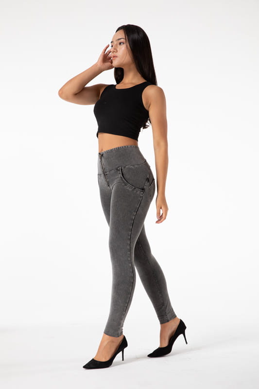 melody high waist gray denim leggings featuring a sleek high-waisted design with form-fitting gray denim material and subtle stitching details.