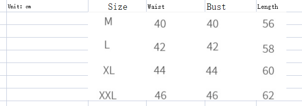 size chart for women’s summerdale loose-fitting padded chest top displaying measurements in centimeters for sizes m through xxl