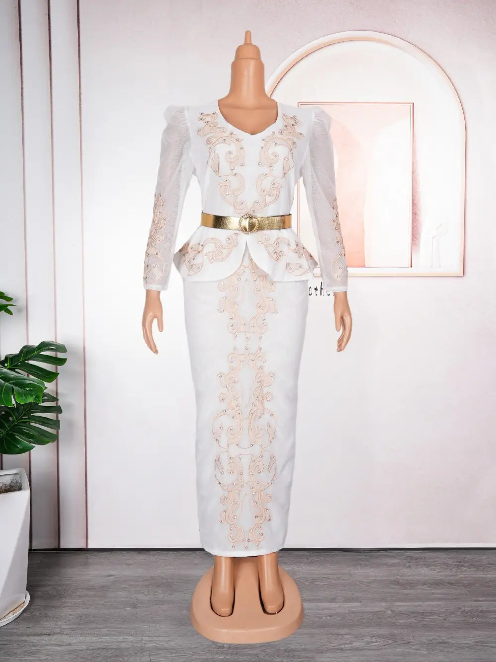 luxury rhinestone beaded black peplum formal dress in white lace with gold embroidery and matching belt