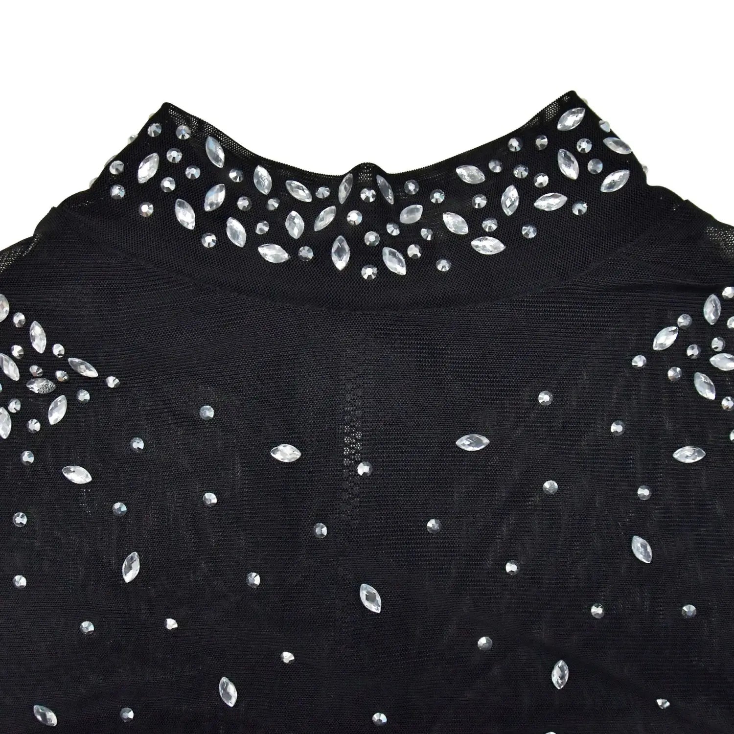 black sheer top from black gold color mesh rhinestone two piece set features scattered silver rhinestones and a decorative collar made of pure color mesh fabric