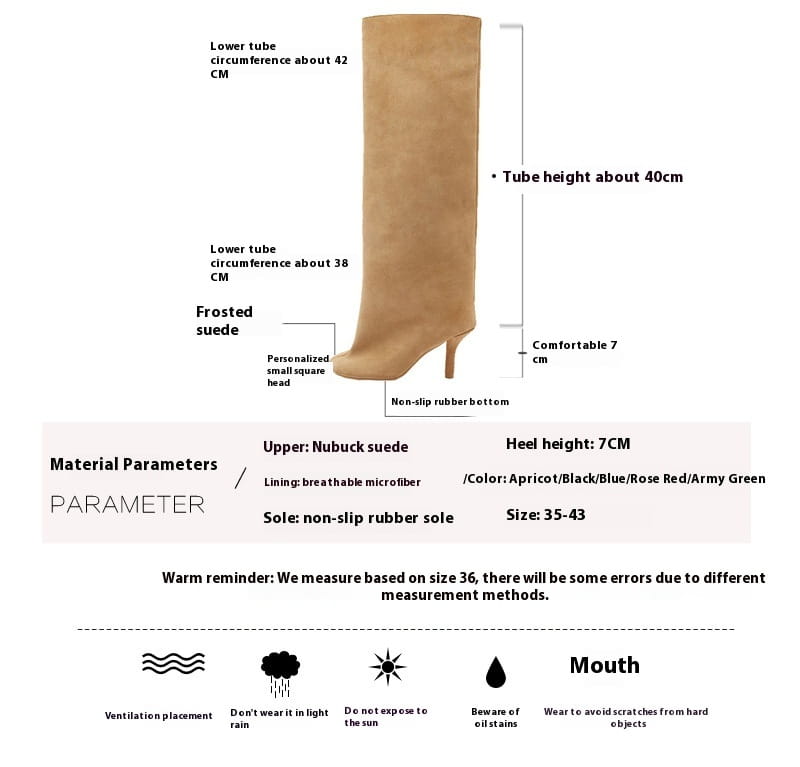Simple stitching square head black knee high boots made of frosted nubuck suede with a 7cm heel and non-slip rubber sole, available in apricot, black, blue, rose red, or army green.