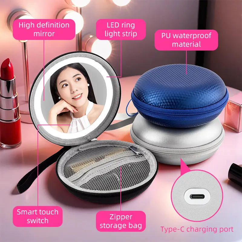 A sleek blue and silver round bag vanity mirror with a black pu waterproof casing and an led ring light strip.