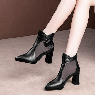 black leather ankle boots with pointed toe and block heel featuring a transparent mesh panel on the side, combining the elegance of sandals mesh fish design with the sophistication of black rhinestone rose fish mouth heel sandals mesh.