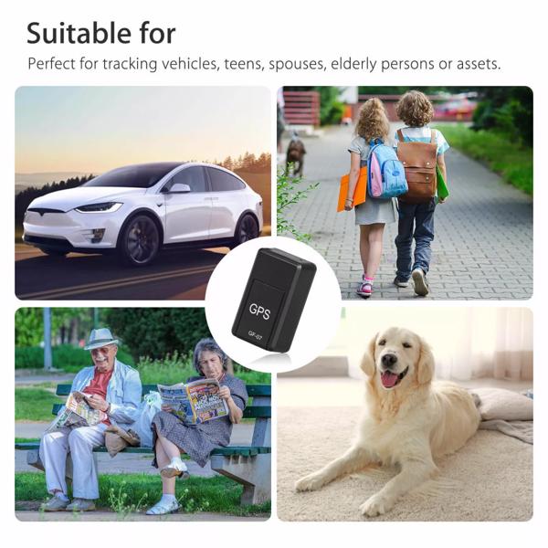 black rectangular magnetic gf07 mini gps real time tracker with gps and gp-07 printed on its surface