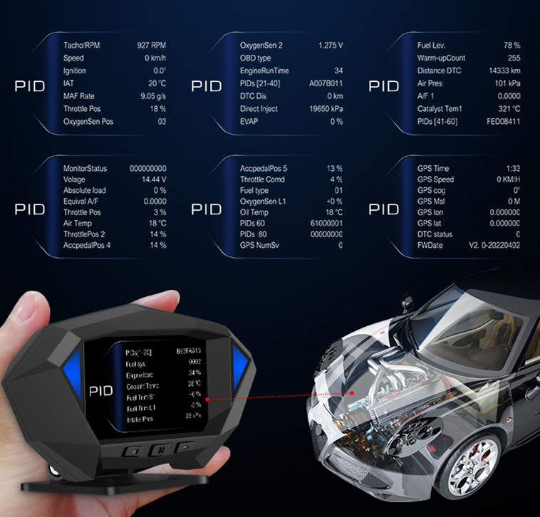 Black angular obd2 diagnostic scanner with blue illuminated edges and a digital display showing real-time engine data as a lcd instrument vehicle hud head display.