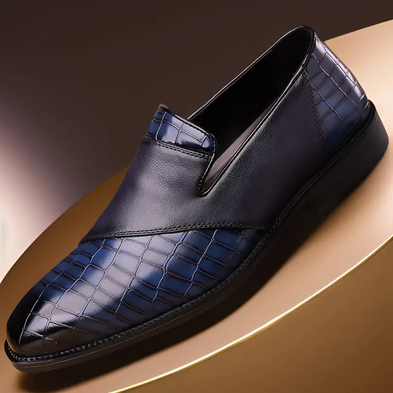 Plus size british business dress leather shoes in dark blue crocodile-patterned leather with a glossy finish and black sole slip-on design.